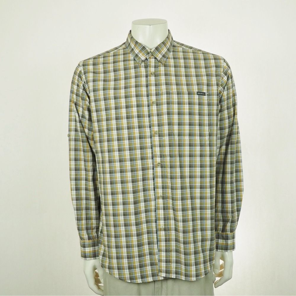 Eddie Bauer Travex Button Down Shirt Mens Large Brown Plaid Classic Fit Outdoor